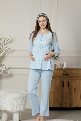 Hamile Lohusa Pijama Takımı - Mavi Dantel Detaylı Saç Bantlı Uzun Kollu 2378 - Alimer