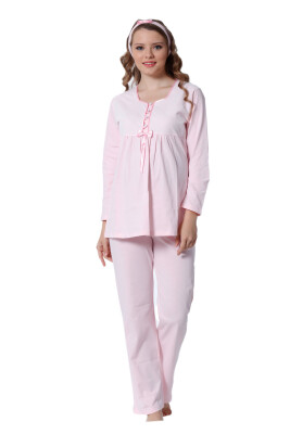 Hamile Lohusa Pijama Takımı - Pembe Dantel Detaylı Saç Bantlı Uzun Kollu 2378 - Alimer
