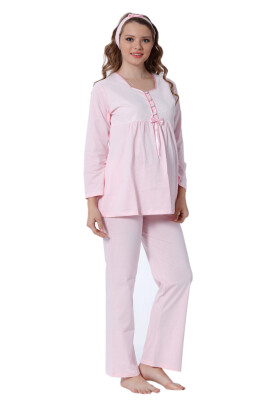 Hamile Lohusa Pijama Takımı - Pembe Dantel Detaylı Saç Bantlı Uzun Kollu 2378 - Alimer (1)