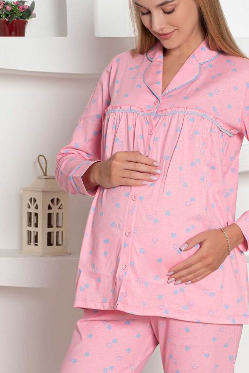 Hamile Lohusa Pijama Takımı - Pembe Kalpli Saç Bantlı Uzun Kollu Penye 2796 - Alimer (1)