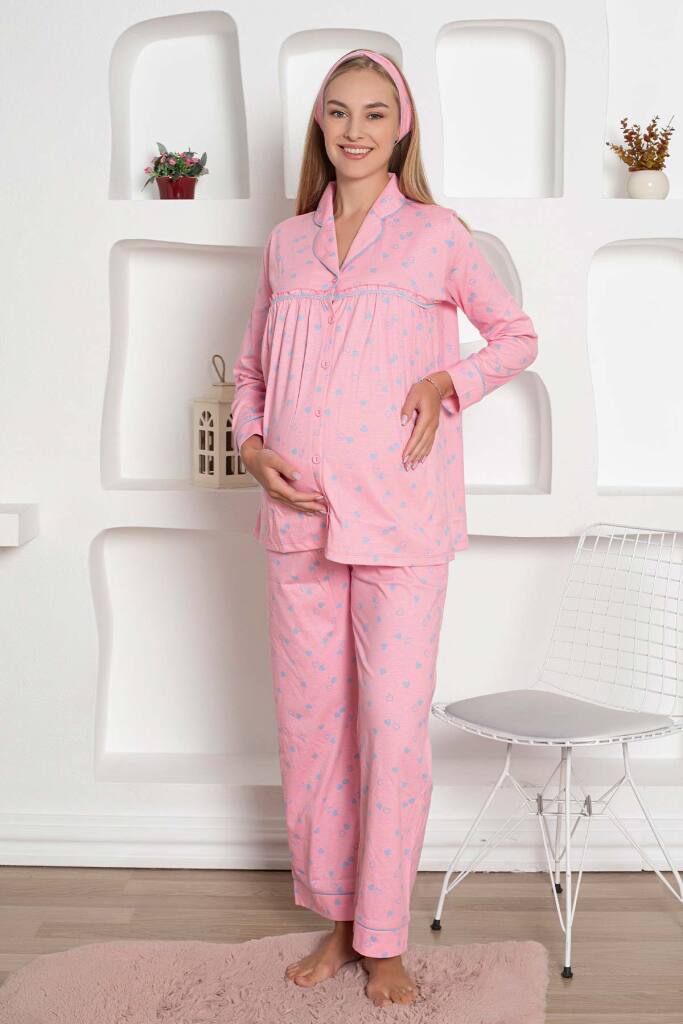 Hamile Lohusa Pijama Takımı - Pembe Kalpli Saç Bantlı Uzun Kollu Penye 2796 - 3