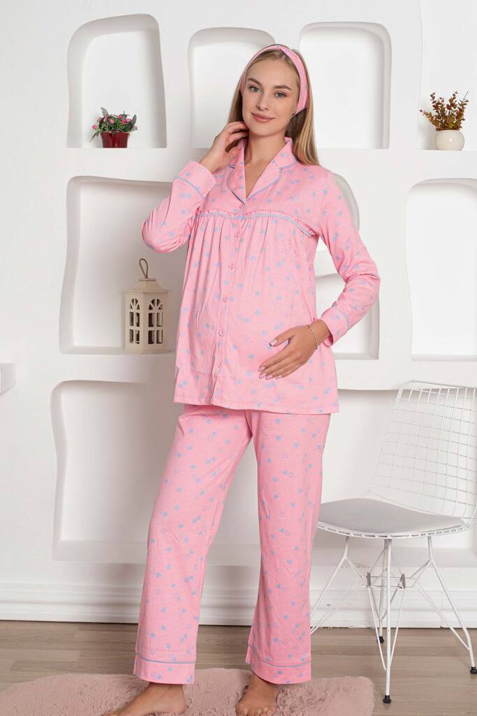 Hamile Lohusa Pijama Takımı - Pembe Kalpli Saç Bantlı Uzun Kollu Penye 2796 - 4