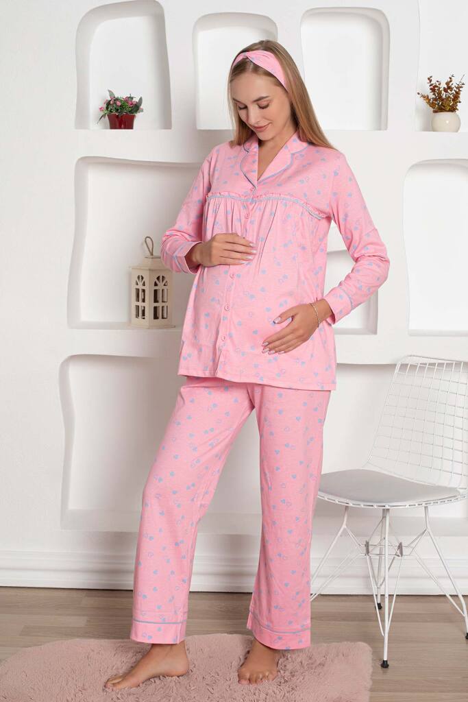 Hamile Lohusa Pijama Takımı - Pembe Kalpli Saç Bantlı Uzun Kollu Penye 2796 - 1