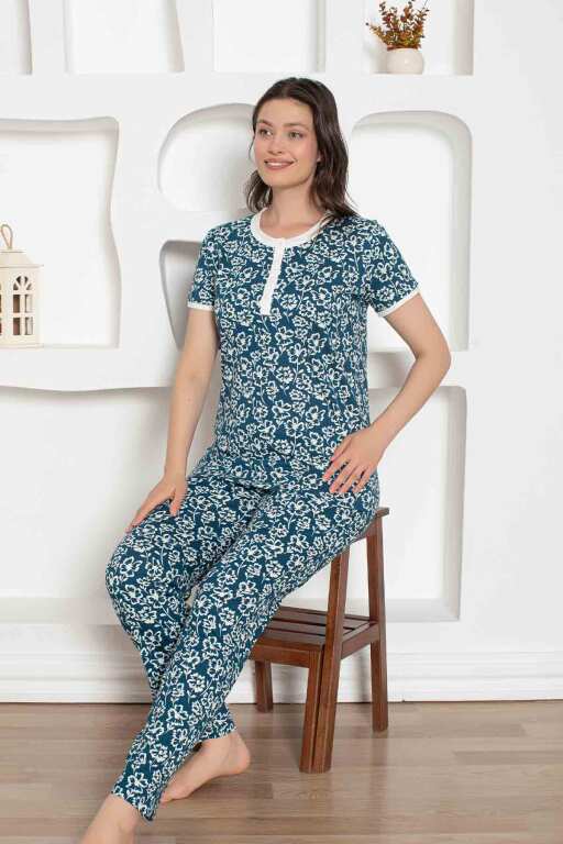 İndigo Çiçek Desenli Penye Bayan Pijama Takımı 2794KY - Alimer (1)