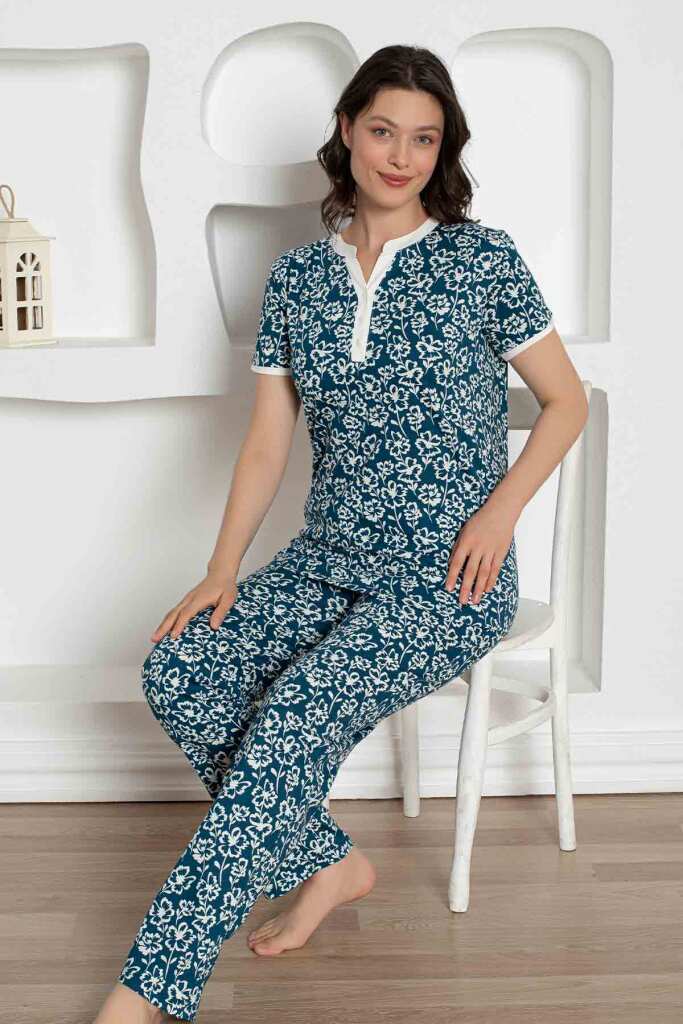 İndigo Çiçek Desenli Penye Bayan Pijama Takımı 2795KY - 2
