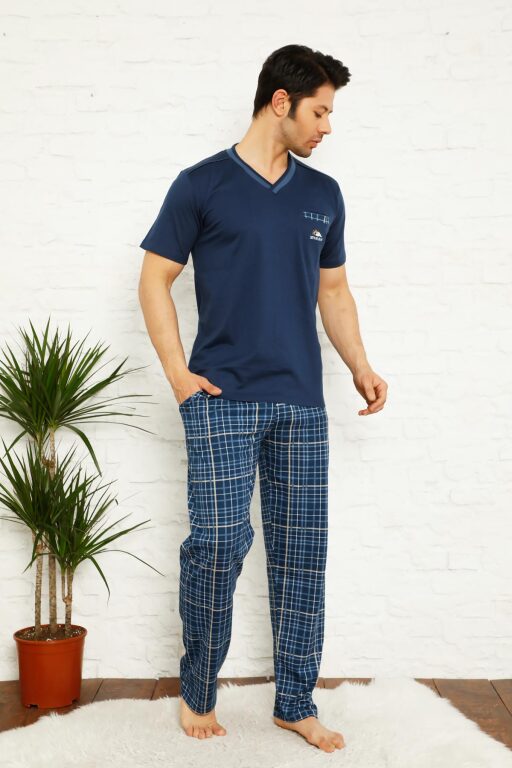 İndigo Ekoseli Kısa Kollu Erkek Pijama Takımı 1167KY - Alimer