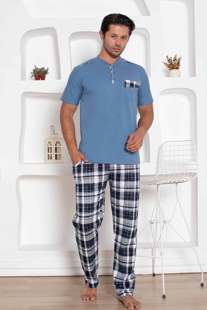 İndigo Kareli Kısa Kollu Erkek Pijama Takımı 1207KY - 2