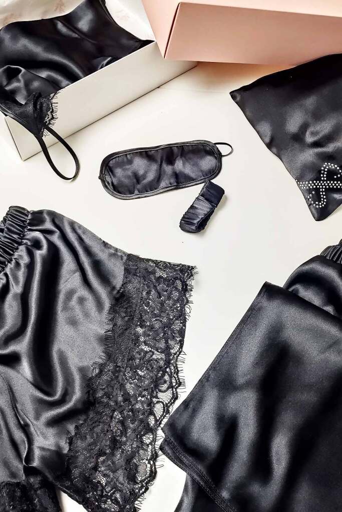 İpek Saten 8 li Çeyizlik Pijama Seti - Siyah Dantelli Sabahlık Gecelik Şort 8000MS - 5
