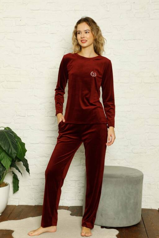 Kadife Kadın Pijama Takımı - Bordo Nakış Desenli Cepli Süper Soft Kumaş 2598UK - Alimer