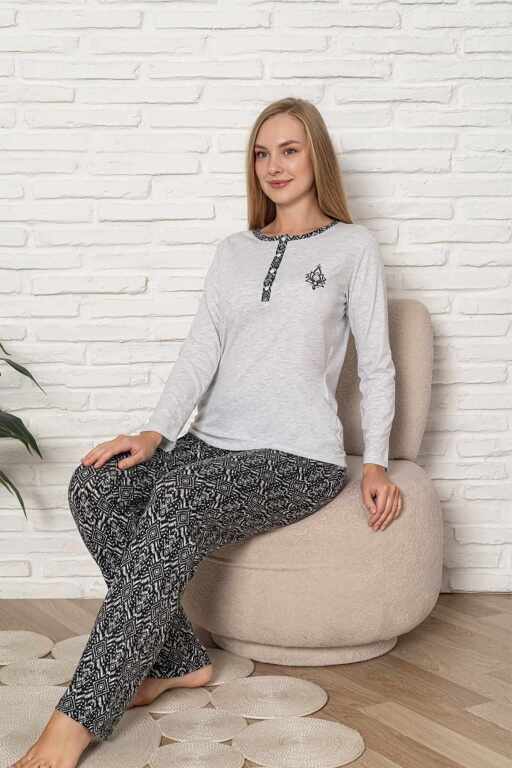 Kadın Pijama Takımı - Gri Etnik Desen Uzun Kol Likralı Kumaş 2921UY - Alimer (1)