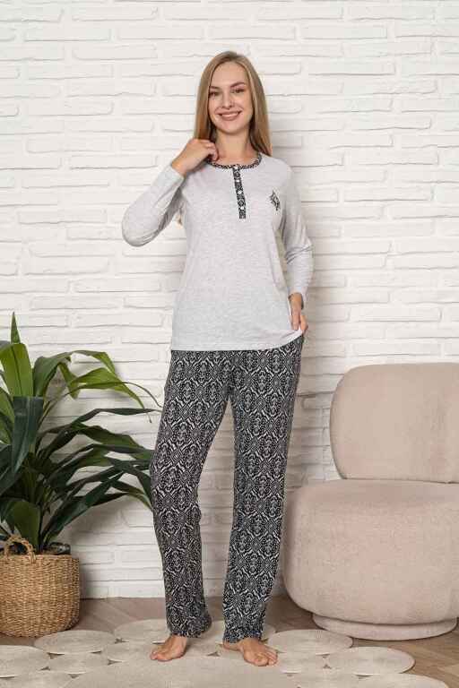 Kadın Pijama Takımı - Gri Etnik Desen Uzun Kol Likralı Kumaş 2921UY - 3