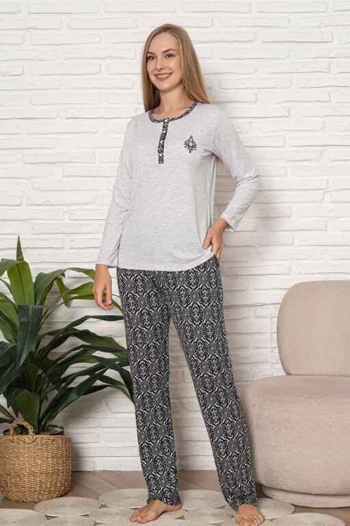 Kadın Pijama Takımı - Gri Etnik Desen Uzun Kol Likralı Kumaş 2921UY - 4