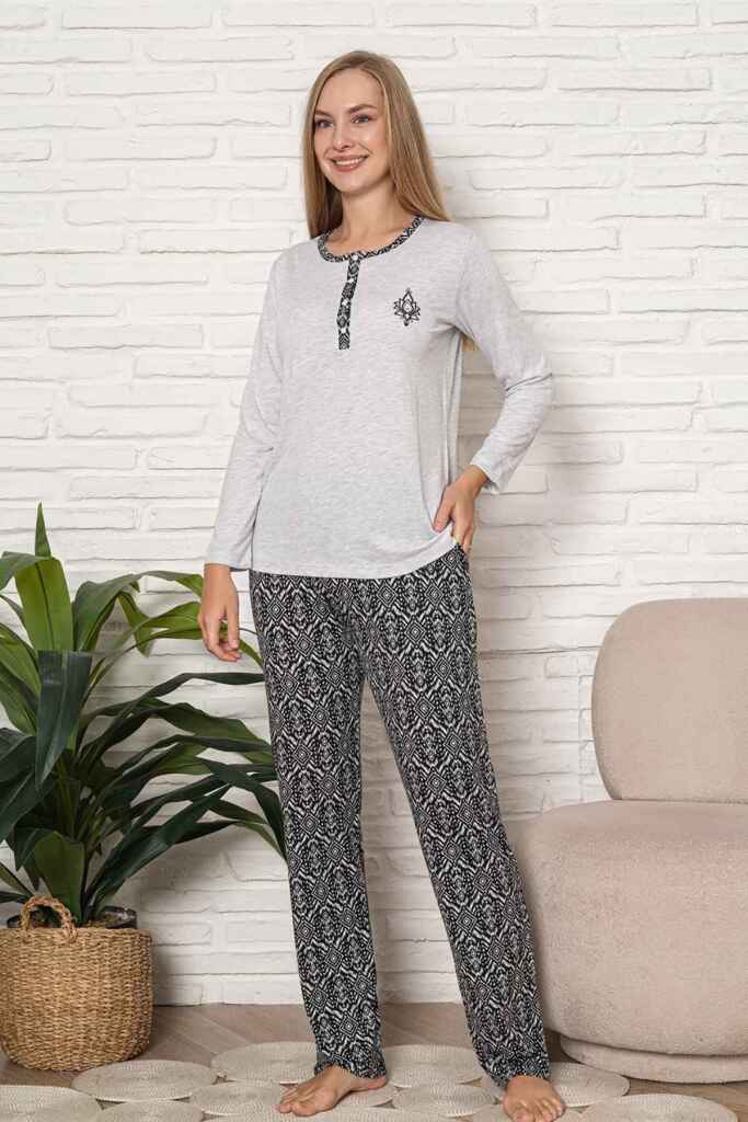 Kadın Pijama Takımı - Gri Etnik Desen Uzun Kol Likralı Kumaş 2921UY - 4