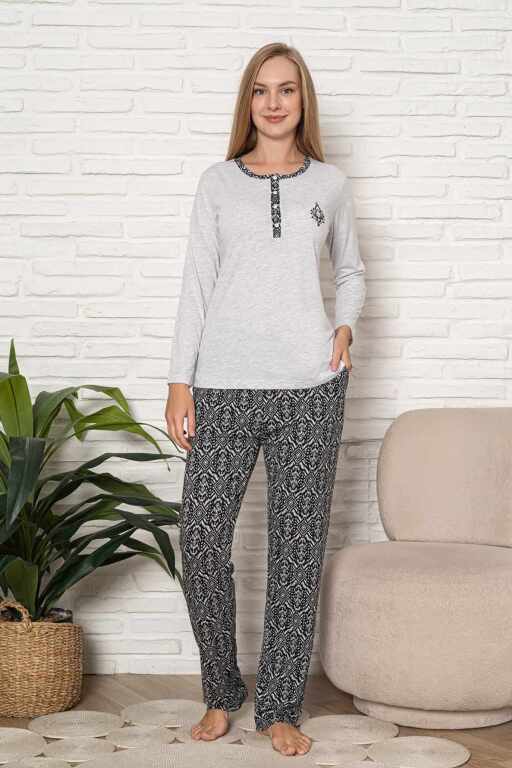 Kadın Pijama Takımı - Gri Etnik Desen Uzun Kol Likralı Kumaş 2921UY - Alimer