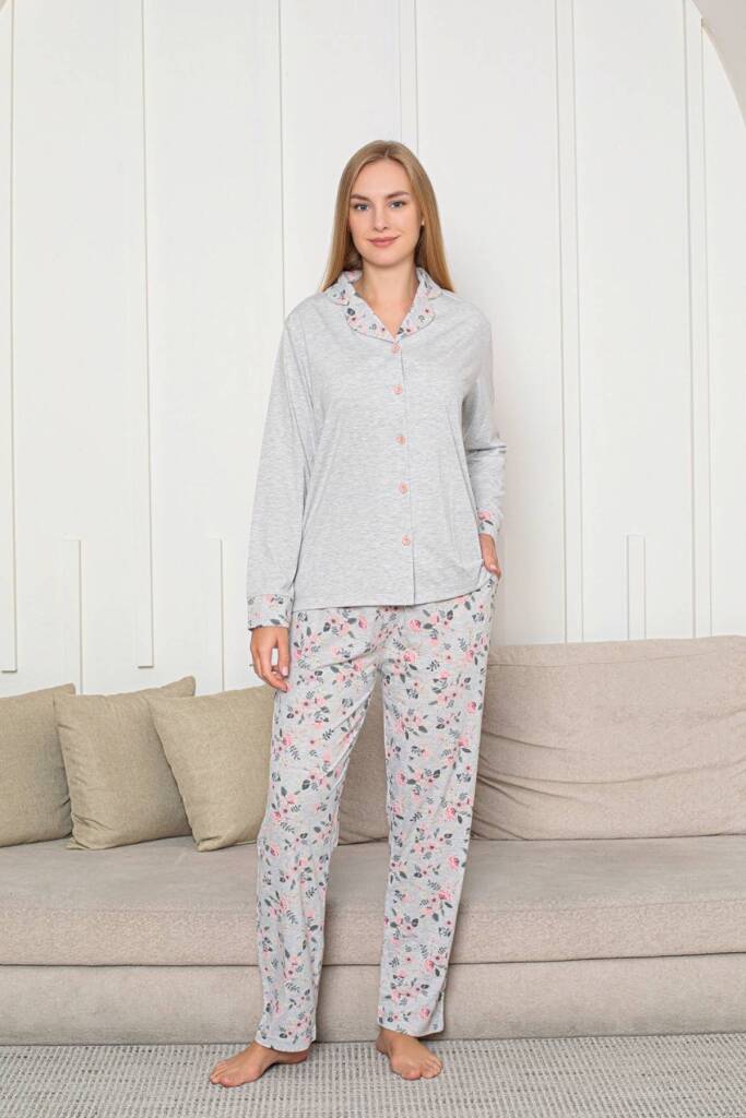 Kadın Pijama Takımı - Gri Gül Desenli Önden Düğmeli Uzun Kollu Likralı Penye 2873UY - 1