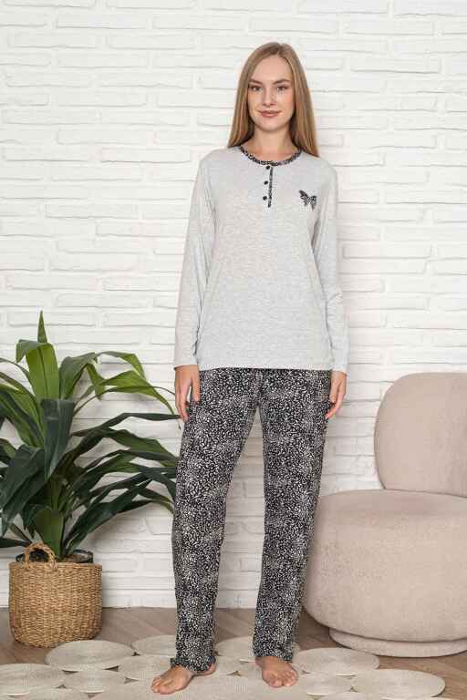 Kadın Pijama Takımı - Gri Etnik Desen Uzun Kol Likralı Kumaş 2923UY - Alimer