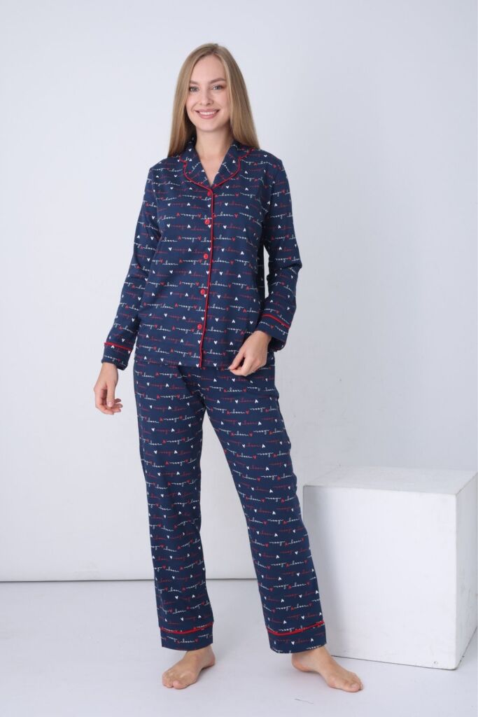 Kadın Pijama Takımı - İndigo Love Önden Düğmeli Uzun Kollu Penye 2926UY - 2