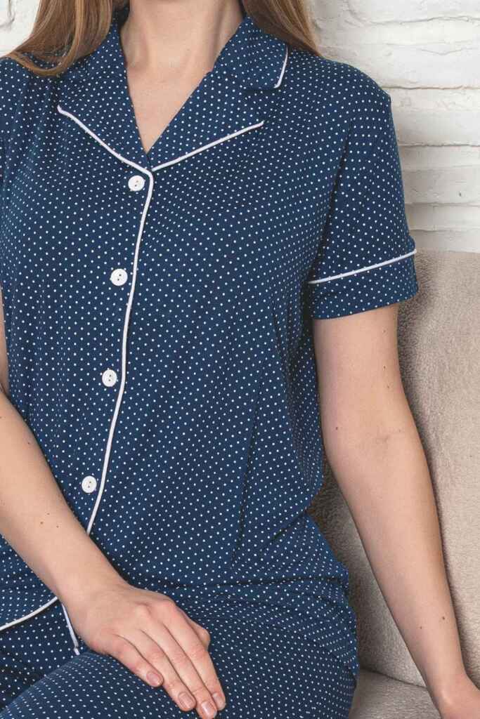 Kadın Pijama Takımı - İndigo Puantiyeli Önden Düğmeli Kısa Kollu Likralı Viskon 2888KY - 2