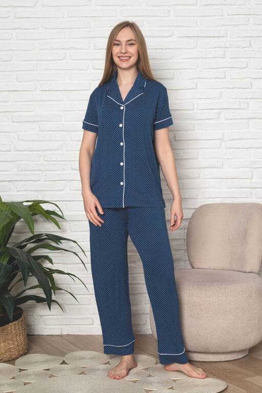 Kadın Pijama Takımı - İndigo Puantiyeli Önden Düğmeli Kısa Kollu Likralı Viskon 2888KY - 1