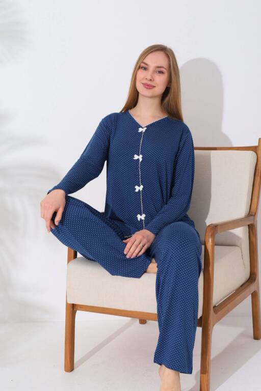 Kadın Pijama Takımı - İndigo Puantiyeli Önden Düğmeli Uzun Kollu Likralı 2828UY - 4