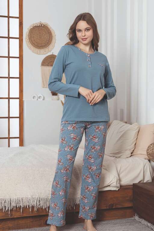 Kadın Pijama Takımı - İndigo Çiçek Desenli Uzun Kollu Likralı Pamuk 2892UKL - 3