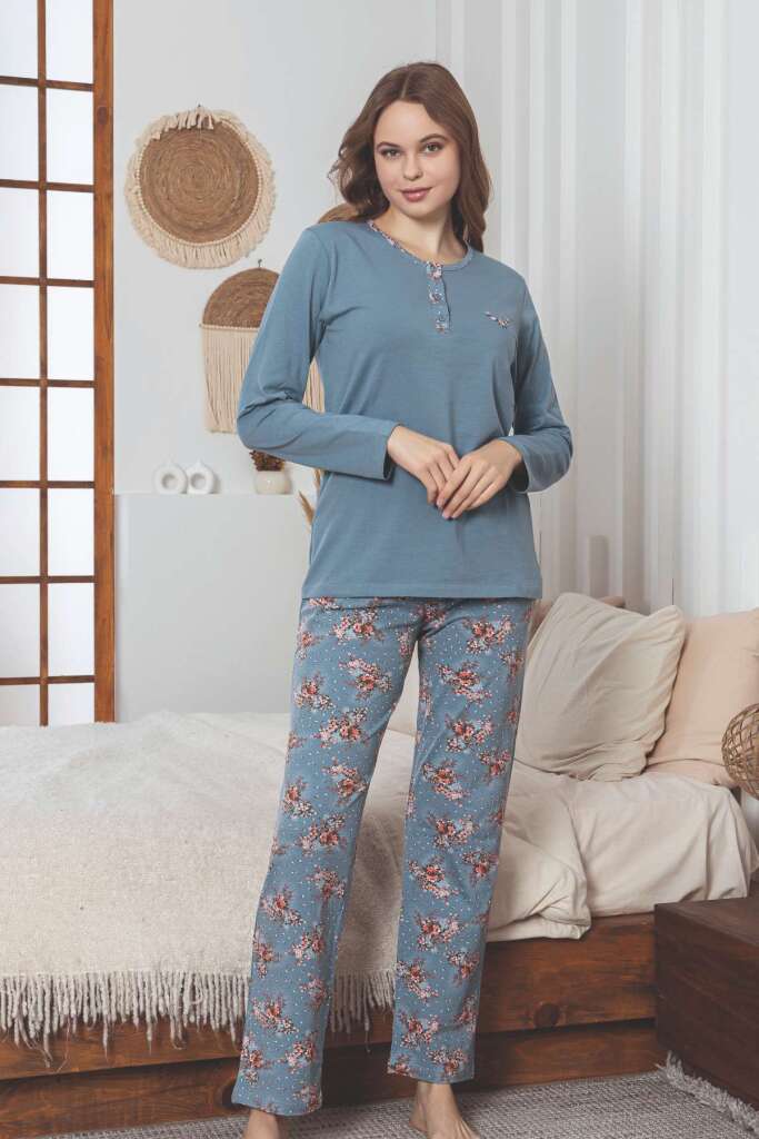 Kadın Pijama Takımı - İndigo Çiçek Desenli Uzun Kollu Likralı Pamuk 2892UKL - 3