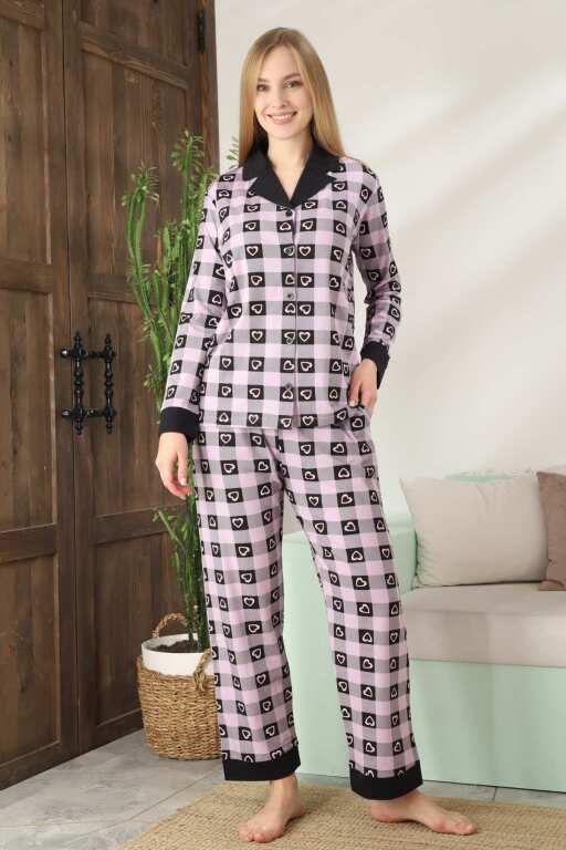 Kadın Pijama Takımı - Kareli Önden Düğmeli Uzun Kollu Likralı 2896UKL - Alimer
