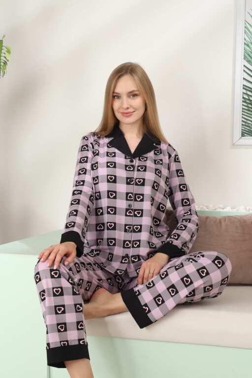 Kadın Pijama Takımı - Kareli Önden Düğmeli Uzun Kollu Likralı 2896UKL - Alimer (1)