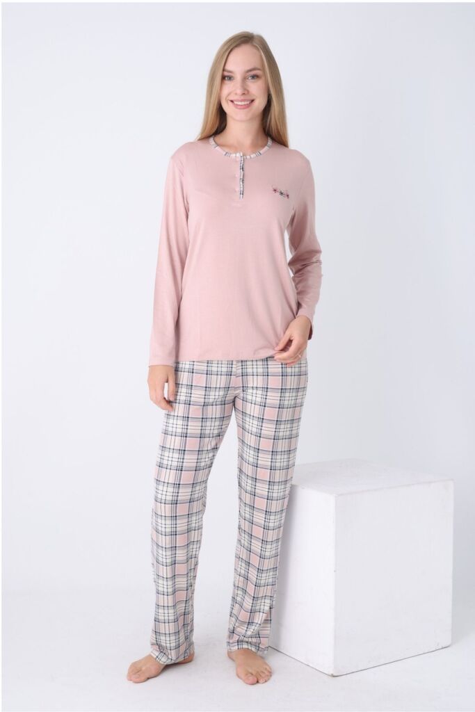 Kadın Pijama Takımı - Kareli Uzun Kollu Likralı Viskon 2925UY - 1