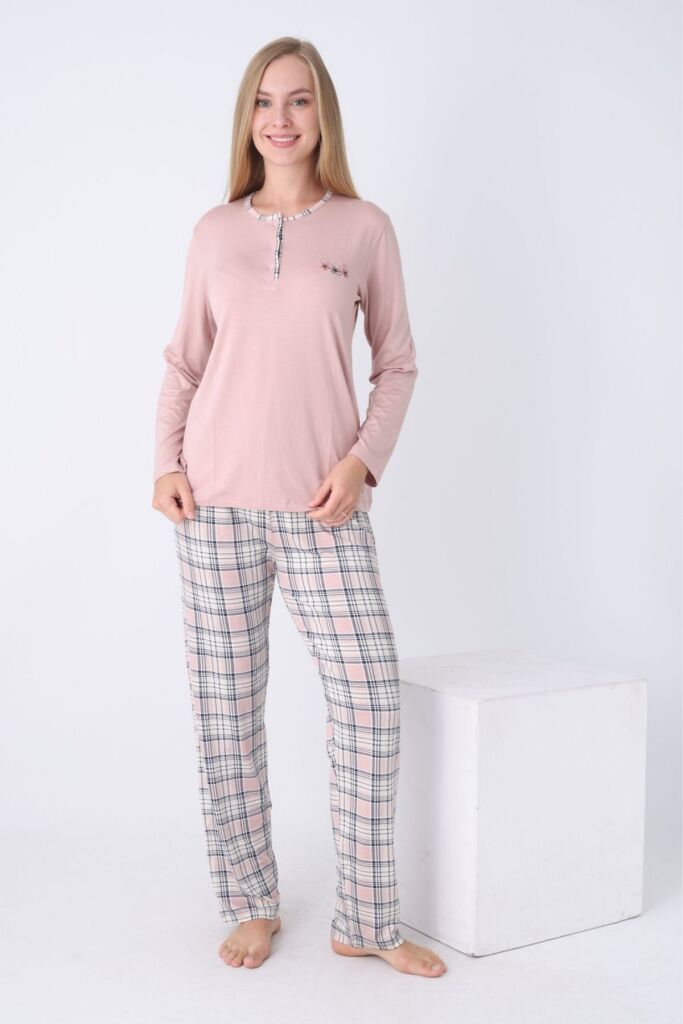Kadın Pijama Takımı - Kareli Uzun Kollu Likralı Viskon 2925UY - 2