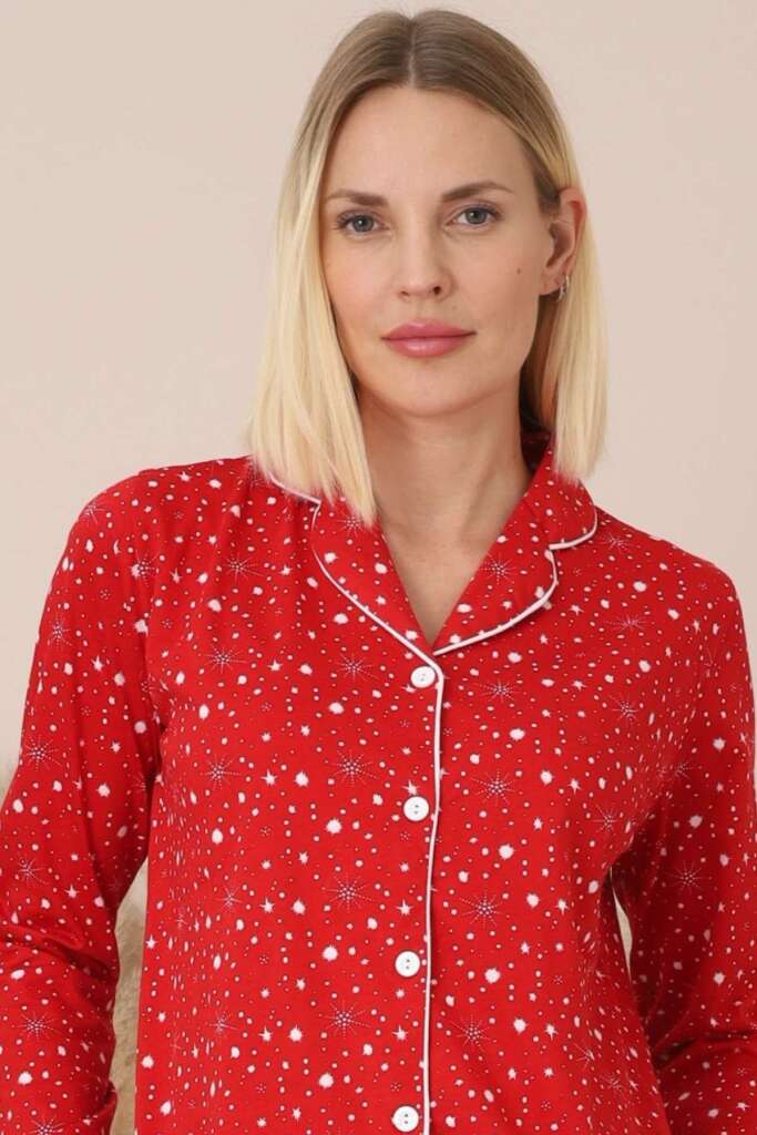 Kadın Pijama Takımı - Kırmızı Önden Düğmeli Uzun Kollu Penye 2769UY - 2