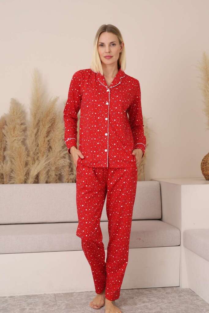 Kadın Pijama Takımı - Kırmızı Önden Düğmeli Uzun Kollu Penye 2769UY - 3