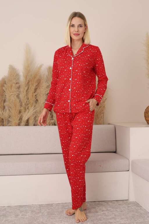 Kadın Pijama Takımı - Kırmızı Önden Düğmeli Uzun Kollu Penye 2769UY - Alimer