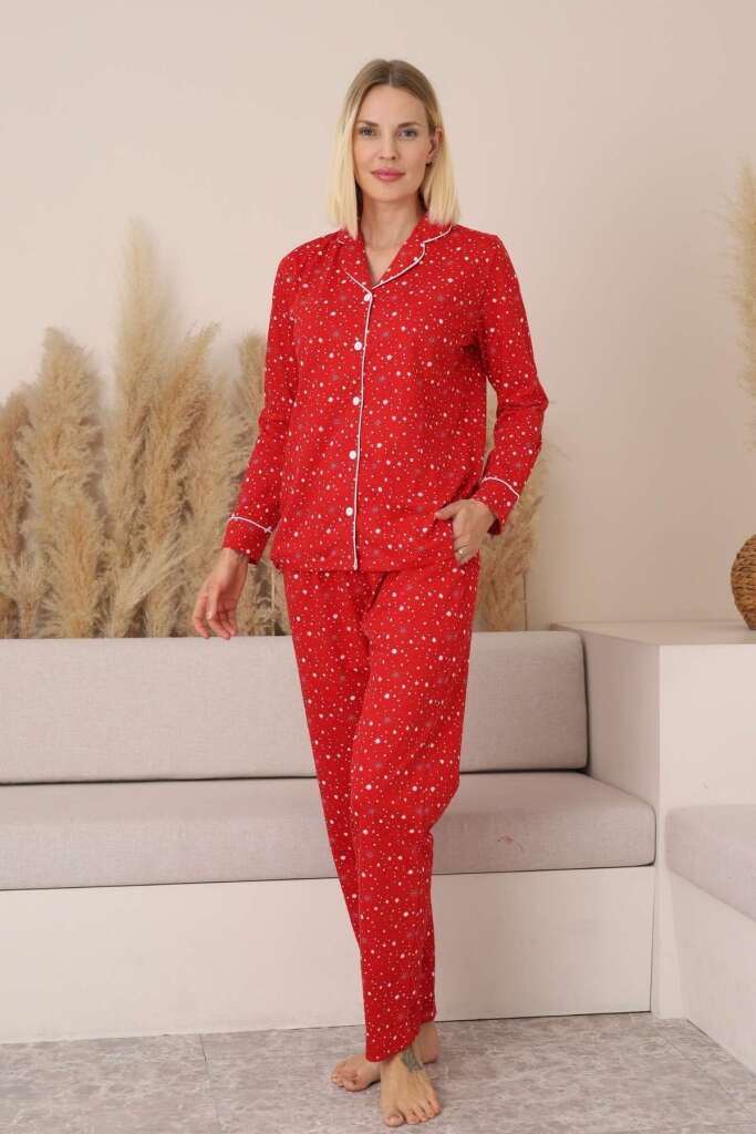 Kadın Pijama Takımı - Kırmızı Önden Düğmeli Uzun Kollu Penye 2769UY - 1