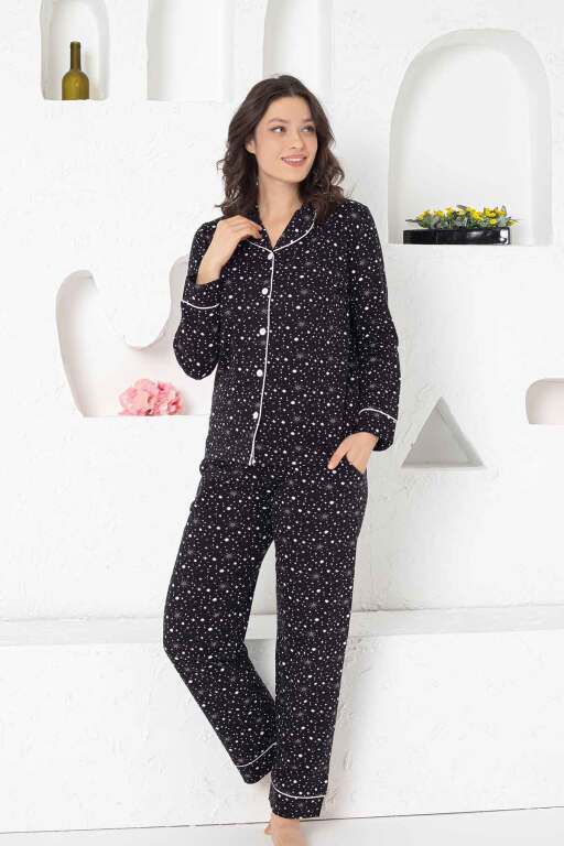Kadın Pijama Takımı - Lacivert Önden Düğmeli Uzun Kollu Penye 2769UY - Alimer