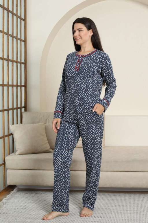 Kadın Pijama Takımı - Lacivert Papatya Desenli Uzun Kollu Likralı Pamuk 2881UK - Alimer (1)