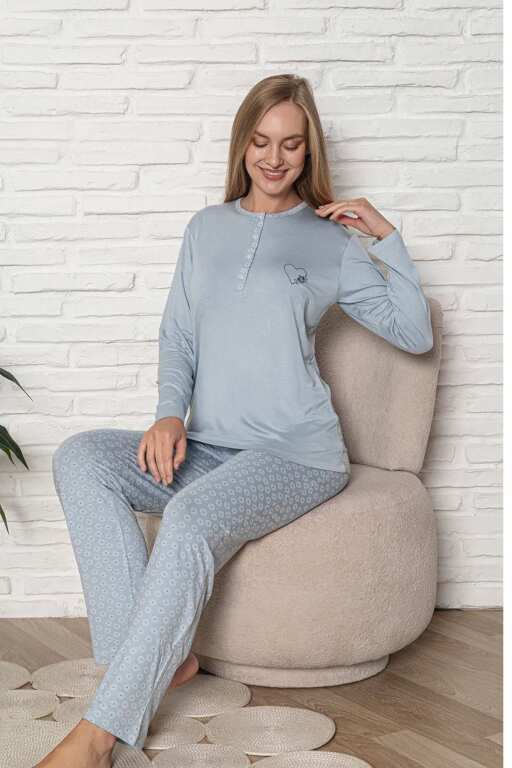 Kadın Pijama Takımı - Mavi Nakış Detaylı Uzun Kol Likralı Viskon 2924UY - Alimer (1)