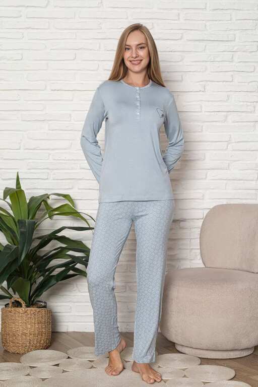 Kadın Pijama Takımı - Mavi Nakış Detaylı Uzun Kol Likralı Viskon 2924UY - Alimer