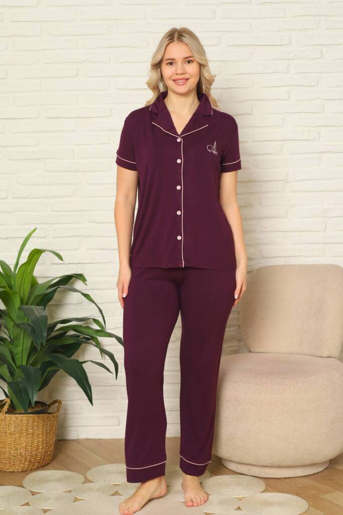 Kadın Pijama Takımı - Mor Önden Düğmeli Kısa Kollu Likralı Viskon 2782KY - 1