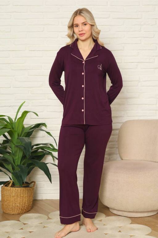 Kadın Pijama Takımı - Mor Önden Düğmeli Uzun Kollu Likralı Viskon 2782UY - 2