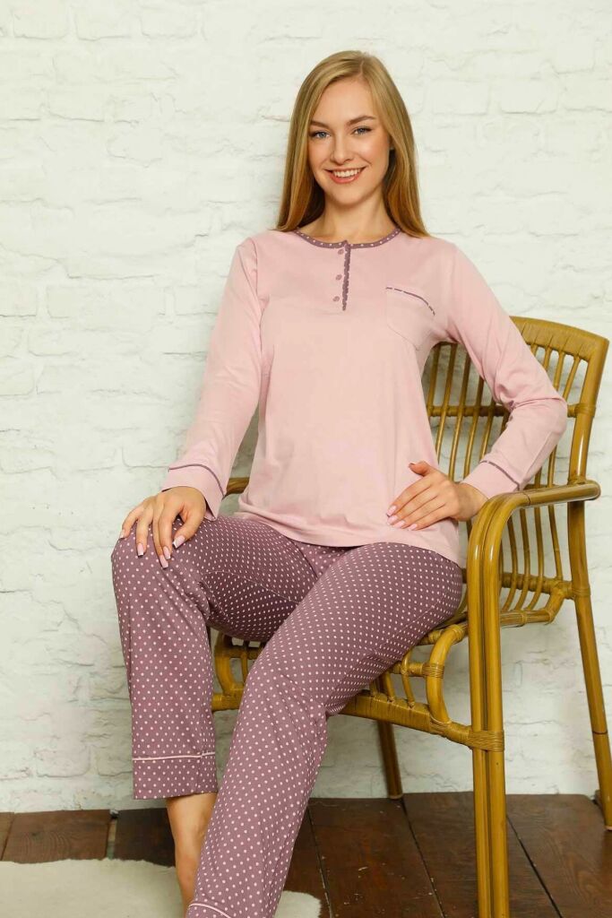 Kadın Pijama Takımı - Gül kurusu Puantiyeli Uzun Kollu Pamuk 2672UY - 3