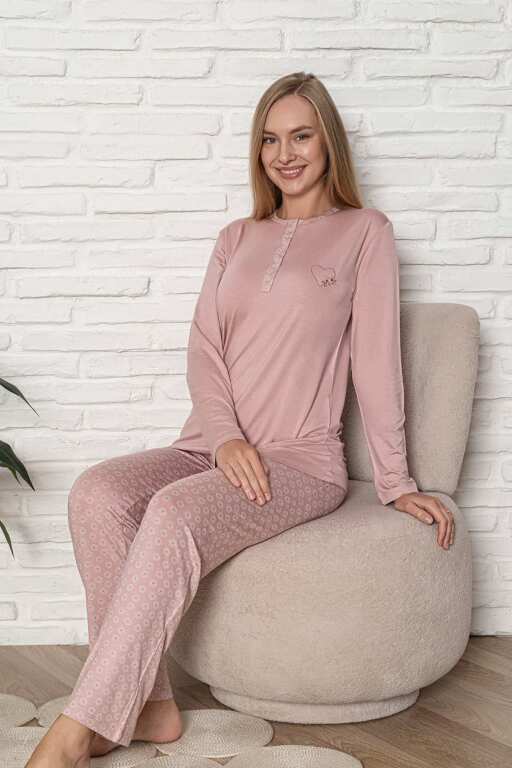 Kadın Pijama Takımı - Pudra Nakış Detaylı Uzun Kol Likralı Viskon 2924UY - Alimer (1)