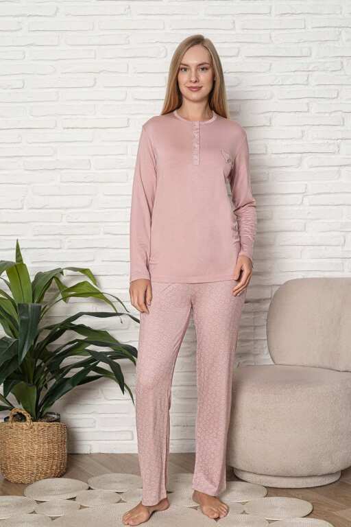 Kadın Pijama Takımı - Pudra Nakış Detaylı Uzun Kol Likralı Viskon 2924UY - Alimer