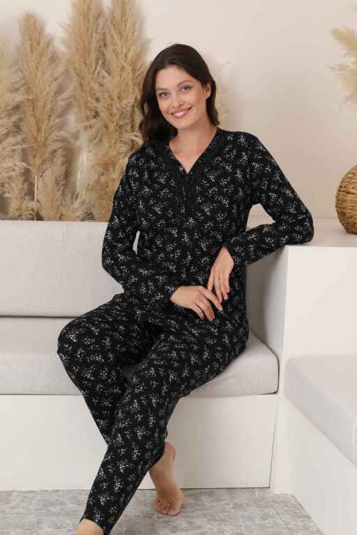 Kadın Pijama Takımı - Siyah Çiçek Desen Uzun Kollu Likralı Pamuk 2882UK - Alimer (1)