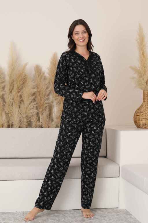 Kadın Pijama Takımı - Siyah Çiçek Desen Uzun Kollu Likralı Pamuk 2882UK - 3