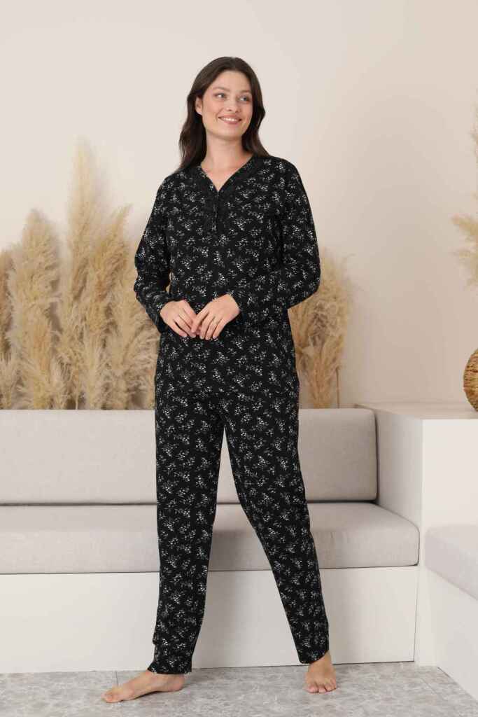Kadın Pijama Takımı - Siyah Çiçek Desen Uzun Kollu Likralı Pamuk 2882UK - 4