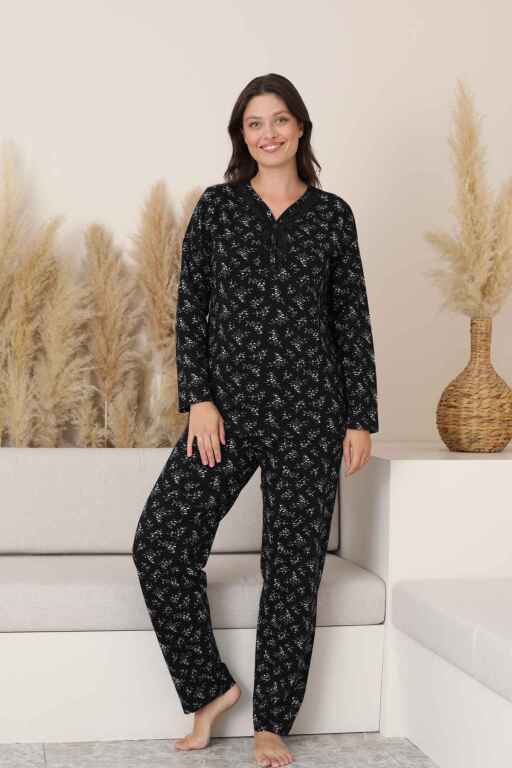 Kadın Pijama Takımı - Siyah Çiçek Desen Uzun Kollu Likralı Pamuk 2882UK - Alimer