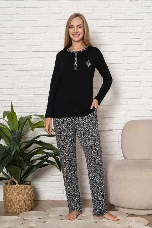 Kadın Pijama Takımı - Siyah Etnik Desen Uzun Kol Likralı Kumaş 2921UY - 3