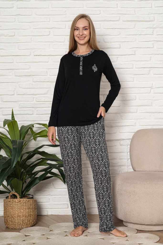 Kadın Pijama Takımı - Siyah Etnik Desen Uzun Kol Likralı Kumaş 2921UY - 3