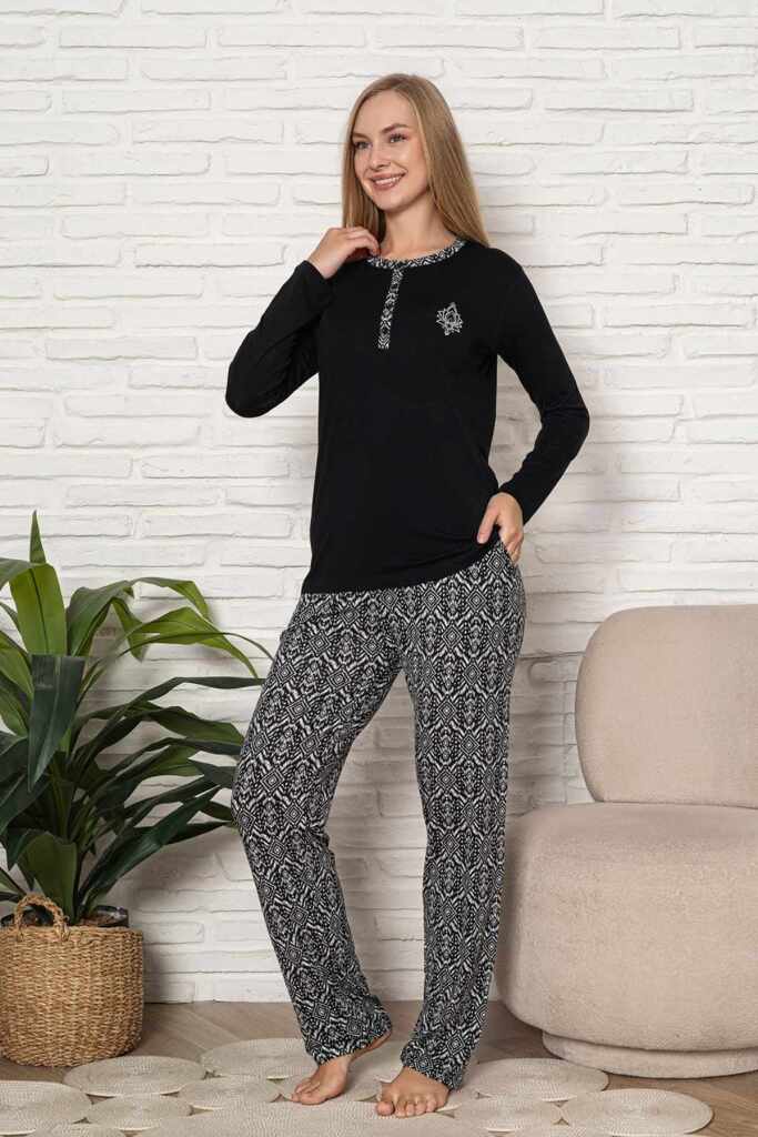 Kadın Pijama Takımı - Siyah Etnik Desen Uzun Kol Likralı Kumaş 2921UY - 4